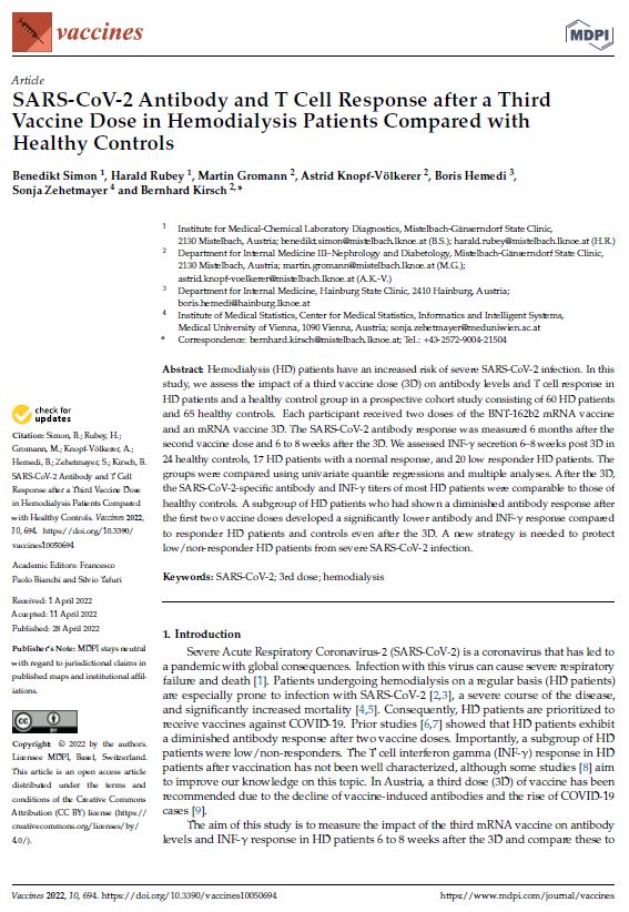 Studie "SARS-CoV-2 Antibody and T Cell Response after a Third Vaccine Dose in Hemodialysis Patients Compared with Healthy Controls"